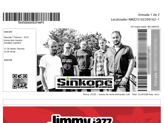 Entrada del concierto de Sínkope en Gasteiz el 7 de febrero de 2025